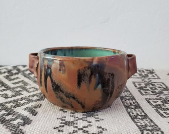 Vintage Handmade Ceramic Small Bowl with Handles in Swirl Multi Colors