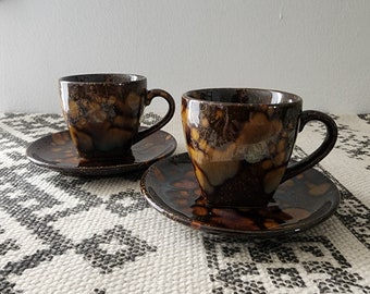 Set of 2 Ceramic Espresso Cups and Saucers in Spotted Dark Brown Earthy Tones