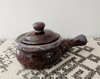 Vintage Stoneware Soup Bowl with Lid in Rich Dark Brown Color with Purple/Gray Detail