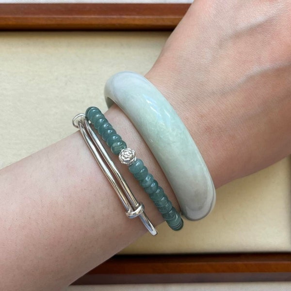 57.3mm Light Green, White Jadeite Thick Bangle - Natural Grade A Burmese Jade - Stacking, Wedding, Chunky - Gift for Her, Grandmother, Mom