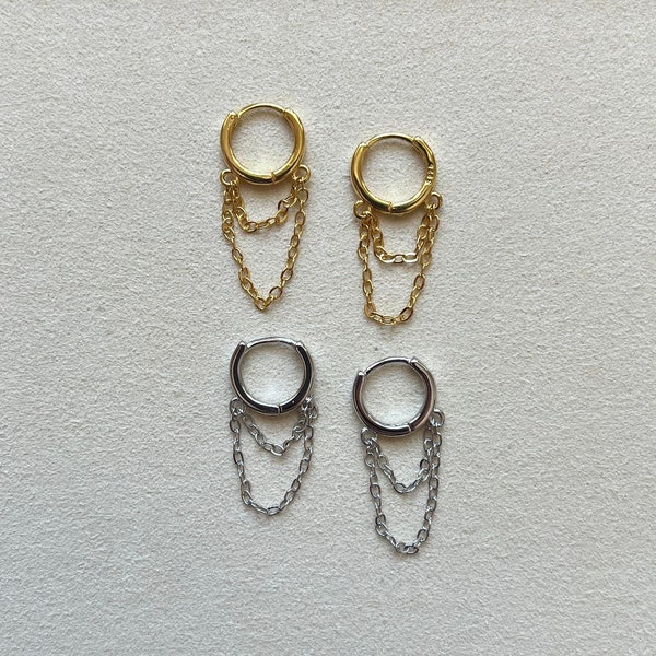 18K Yellow Gold, Sterling Silver S925 - Huggie Hoops with Rolo Chain Drop Dangles - Trendy, Dainty, Minimalist, Layer, Statement Earrings