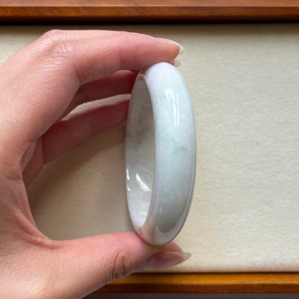 54.5mm Milky White, Hints of Green Jadeite Bangle - Natural Grade A Burmese Jade - Stacking, Wedding, Chunky - Gift for Her, Grandmother