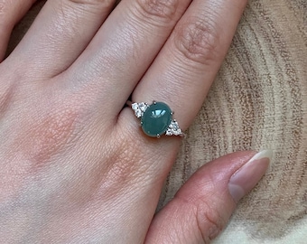 Foggy Blue Green Jadeite Cabochon Ring/CZ Stones, Chic Jewelry/100% Natural Type A, Grade A Burma/Burmese/Myanmar Jade/Sterling Silver S925