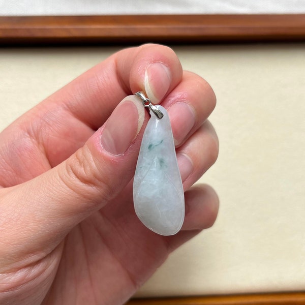 Icy White, Floating Green Jadeite Pendant - Natural Grade A Burma Jade - Gourd, Lotus Flower Carving - Gift for Her, Grandma, Mom, Sister