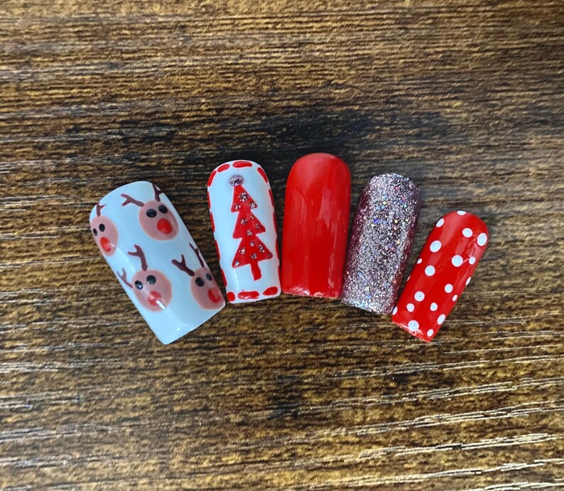 Christmas Nails Holiday Nails Reindeer Nails Red Nails Festive Nails Press On Nails Nail Art image 3