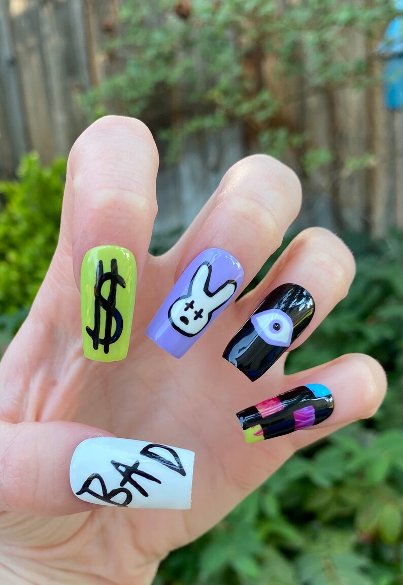 Press on Nails Bad Bunny Nails With Designs Fake Nails Etsy