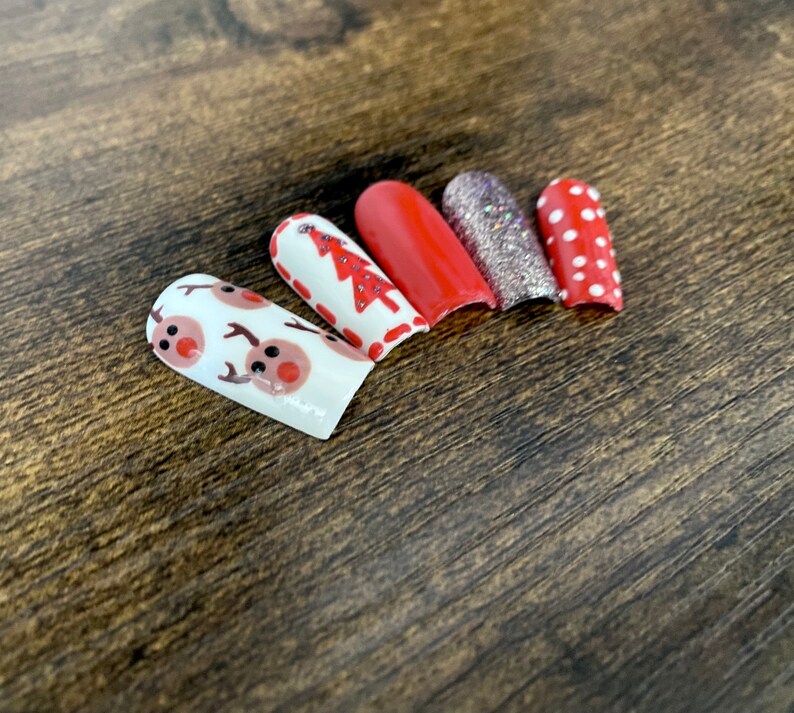 Christmas Nails Holiday Nails Reindeer Nails Red Nails Festive Nails Press On Nails Nail Art image 2