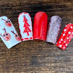 Christmas Nails Holiday Nails Reindeer Nails Red Nails Festive Nails Press On Nails Nail Art image 1