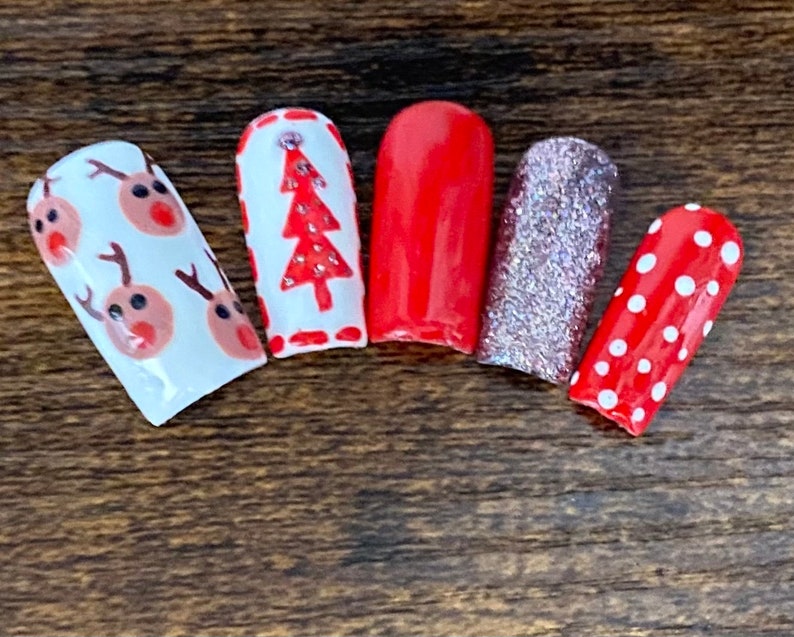 Christmas Nails Holiday Nails Reindeer Nails Red Nails Festive Nails Press On Nails Nail Art image 1