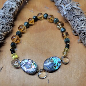 Abalone Shell Crystal Bracelet: Prasiolite, Citrine & Tourmaline