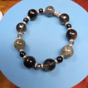 Pulsera de labradorita natural, cuarzo ahumado y obsidiana plateada, pulsera Shadow work, 713