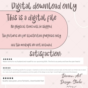 Op de afbeelding: Een roze en witte digitale downloadaankondiging met de tekst "Digitale download alleen", "Dit is een digitaal bestand", "Geen fysieke items worden verzonden", "De afbeeldingen zijn alleen ter illustratie" en "en de mockups zijn niet inbegrepen". De tekst "tevredenheid" staat in een groter lettertype. Er zijn vijf sterrenbeoordelingen met tekst die de tevredenheid van de klant met het product beschrijft.