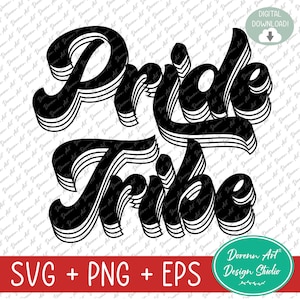 Puede incluir: Diseño gráfico en blanco y negro de las palabras "Pride Tribe" en un estilo retro, en capas y en 3D.