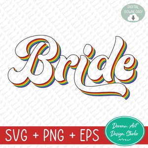 Puede incluir: Un diseño gráfico con colores de arcoíris de la palabra "Bride" en un estilo retro 3D. La palabra está delineada en negro y tiene un relleno blanco. Los colores del arcoíris son rojo, naranja, amarillo, verde, azul, índigo y violeta.