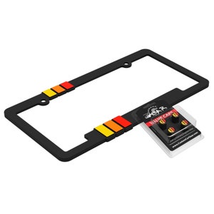 May include: Black license plate frame with a retro color block design in yellow, orange, and red. Includes a package of black valve caps with matching color accents. The text "GEAR VALVE CAPS" is visible on the packaging.