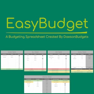 Puede incluir: Un gráfico verde y amarillo con el texto "EasyBudget" y el lema "A Budgeting Spreadsheet Created By DawsonBudgets". La imagen muestra cuatro hojas de cálculo diferentes: Seguimiento de ingresos, Seguimiento de facturas, Seguimiento de deudas y Seguimiento de ahorros. Cada hoja de cálculo tiene un título, columnas y filas para realizar un seguimiento de los ingresos, los gastos, las deudas y los ahorros.