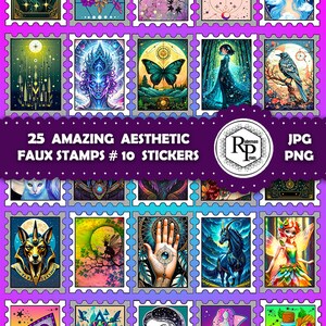 ** Super bunte ästhetische EINE (1) Faux Stamps # 10 Aufkleber in PNG / JPG plus Lesezeichen (Lesen Sie Info)