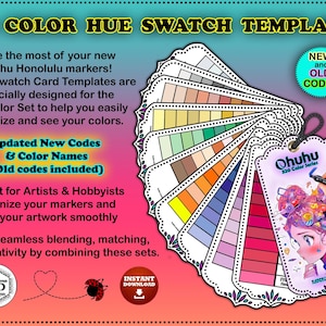 Könnte beinhalten: Ein Satz von 320 Farbfeldvorlagen für Ohuhu Honolulu Marker. Die Vorlagen sollen Künstlern und Hobbyisten helfen, ihre Farben zu organisieren und zu sehen. Enthält aktualisierte Codes und Farbnamen. Mit farbenfroher Illustration.