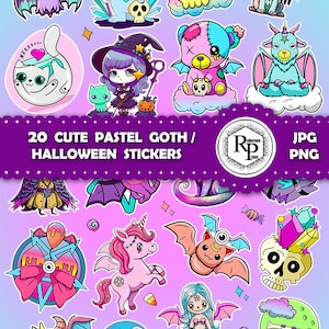 May include: Twenty pastel goth and Halloween themed stickers featuring various characters and designs.  The stickers include a witch, a unicorn, a bat, a skull, a mermaid, a cat, a bunny, a goat, and a crescent moon.  The stickers are all in a pastel color palette with black outlines.