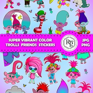 Best Seller**** Super Vibrant Color Trolls Friends ONE (1) Stickers Sheet plus Free Coloring Pages  (Read Description)