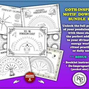 Puede incluir: Un kit de paquete de radiestesia de inspiración gótica con varias cartas para el trabajo con péndulo. Las cartas incluyen una carta de péndulo alfabético, una carta de péndulo de sí/no y una carta de días y meses. También incluye el texto "Descarga instantánea".
