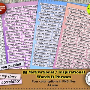 Palabras para diario basura, palabras y frases inspiradoras, adornos cursivos, pegatinas y marcapáginas adicionales, collage de álbum de recortes, planificador (Ver más)