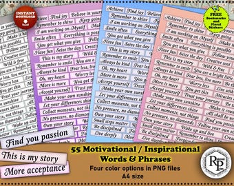Palabras para diario basura, palabras y frases inspiradoras, adornos cursivos, pegatinas y marcapáginas adicionales, collage de álbum de recortes, planificador (Ver más)