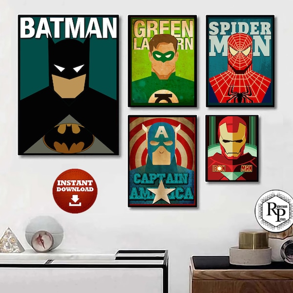 BUNDLE Collection #1 of 5 Vintage Minimalist Superheroes |Avengers| Marvel Digital Posters - Wall Art Print - Home Decor  (Read Description)