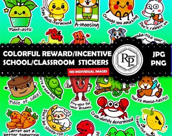 Könnte beinhalten: Ein Set mit 24 bunten Cartoon-Aufklebern mit verschiedenen Tieren, Lebensmitteln und Sprüchen. Die Aufkleber sind für den Einsatz in der Schule oder im Klassenzimmer gedacht. Die Aufkleber sind auf hochwertigem, strapazierfähigem Papier gedruckt und eignen sich perfekt, um Schüler für ihre harte Arbeit und Leistungen zu belohnen.