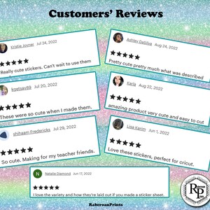 May include: A collage of customer reviews for a set of cute stickers. The reviews are all positive and highlight the quality and cuteness of the stickers. The reviews are from customers who purchased the stickers in July and August 2022.