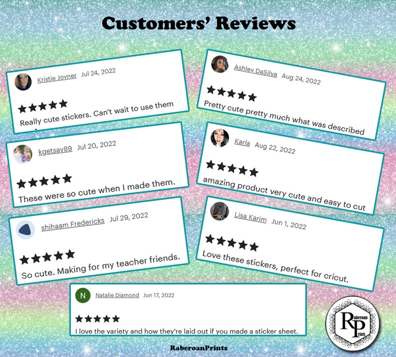 May include: A collage of customer reviews for a set of cute stickers. The reviews are all positive and highlight the quality and cuteness of the stickers. The reviews are from customers who purchased the stickers in July and August 2022.