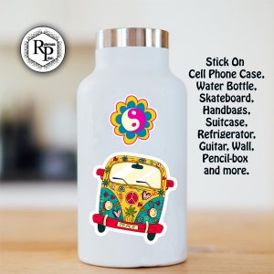 May include: A white water bottle with two colorful stickers. The first sticker is a yellow flower with a pink yin yang symbol in the center. The second sticker is a yellow, red, and blue psychedelic van with the word "PEACE" written on the front bumper. The text "Stick On Cell Phone Case, Water Bottle, Skateboard, Handbags, Suitcase, Refrigerator, Guitar, Wall, Pencil-box and more." is written in black text on the right side of the bottle.