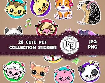Cute Pet Collection ONE (1) Stickers Sheet, PNG,JPF - Printable Stickers & Gift Box Template - Bundle Printable Stickers  (See Info)