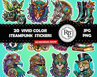 May include: A set of 20 colorful steampunk stickers featuring various designs, including a robot, a motorcycle, a zebra, a clown, a helmet, a flower, a book, a bird, a flask, a woman, and a backpack. The stickers are all in a vibrant color palette and have a steampunk aesthetic.