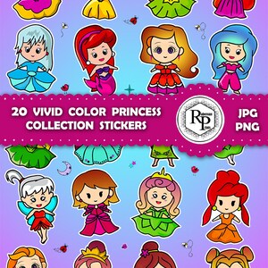 Best Selling** Super Vivid Color Princess Collection ONE (1) Stickers Sheet, Print & Cut - PNG, JPF Plus Free Coloring Page  (See Info)