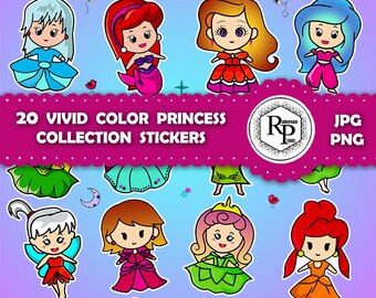 Princess Collection Stickers Sheet, Print & Cut - PNG, JPF Plus Free Coloring Page Girls Scrapbook Planner Junk Journaling  (See Info)