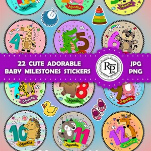 Baby Monthly ONE (1) Stickers Sheet |Baby Milestone Stickers |Baby Nursery Plus Free Fantasy Digital Papers |Printable Stickers (See Info)