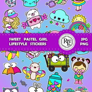 Best Selling***  Colorful Sweet Pastel Girl Lifestyle ONE (1) STICKERS SHEET plus Gift Box Template - Bundle Printable Stickers (See Info)