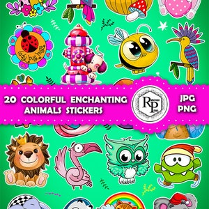 Belle feuille d’autocollants d’animaux enchanteurs - PNG, JPG - Bundle d’autocollants imprimables plus un modèle de boîte-cadeau et des pages à colorier (voir description)