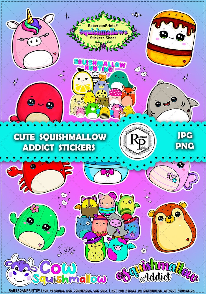 Cute Squishmallow Addict ONE 1 Stickers Sheet, Print & Cut PNG, JPF Plus  Free Coloring Bookmarks printable Animal Stickers read Info 