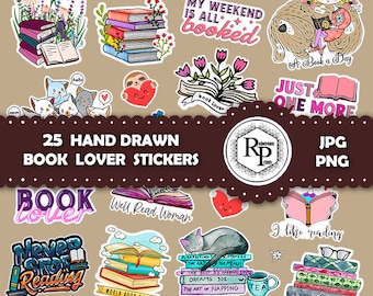 May include: A set of 25 hand-drawn book lover stickers featuring colorful illustrations of books, coffee cups, and cute characters. The stickers are perfect for decorating journals, laptops, water bottles, and more. The text on the stickers includes phrases like "My Weekend is All Booked", "Just One More", and "A Book is a Dream".