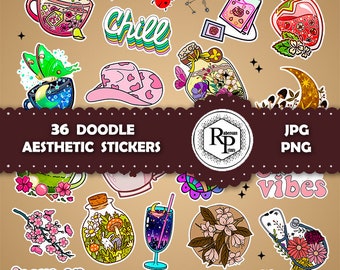 BestSeller** Colorful Aesthetic Doodle ONE (1) Stickers Sheet - PNG, JPF plus Gift Box Template - Bundle Printable Stickers  (See Info)