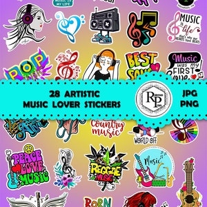 Music Lover Collection ONE (1) Stickers Sheet, PNG,JPF & Gift Box Template - Music Stickers - Singer Stickers Printable Stickers (See Info)