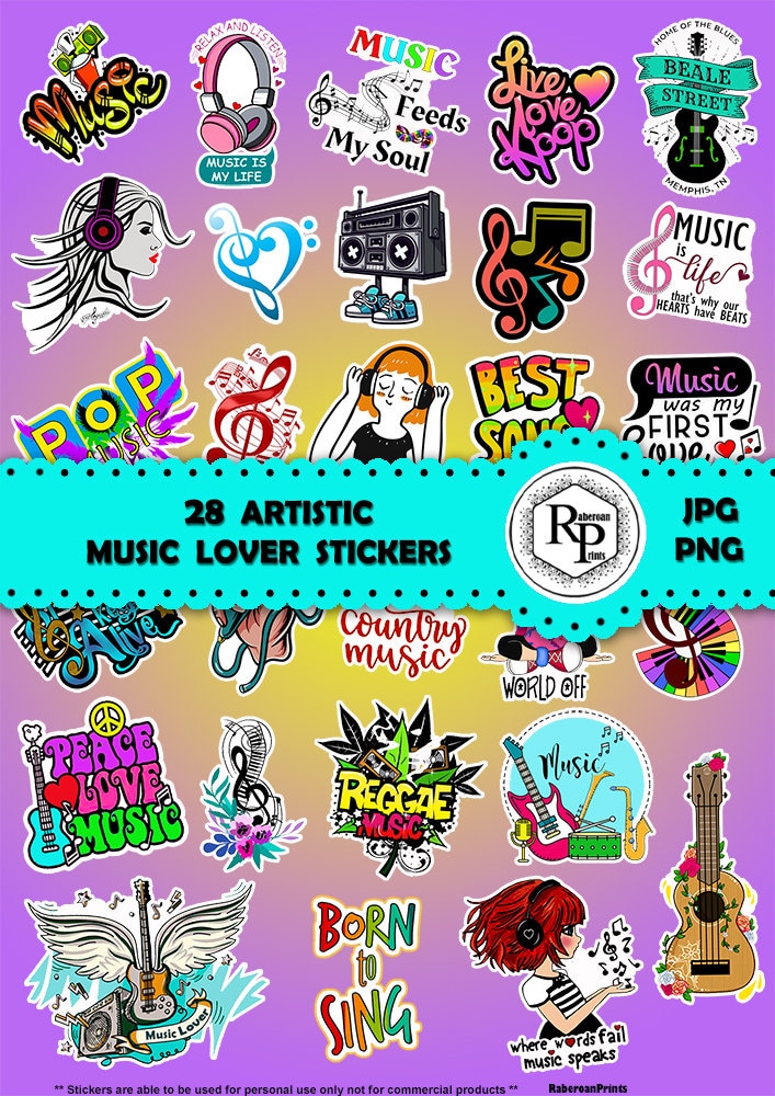 Music Lover Collection ONE (1) Stickers Sheet, PNG,JPF & Gift Box ...
