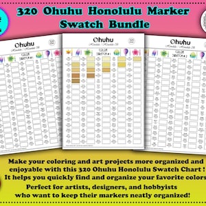 Puede incluir: Un paquete de tres tablas de muestras de marcadores Ohuhu Honolulu. Cada tabla presenta una cuadrícula de casillas en blanco para muestras de color, con el texto "COLOR SWATCH #1" y "COLOR SWATCH #2". Las tablas están diseñadas para ayudar a los artistas a organizar sus marcadores. También se incluye el texto "320 Ohuhu Honolulu Marker Swatch Bundle".