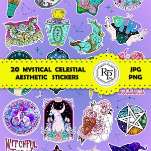 May include: Twenty mystical celestial aesthetic stickers featuring a variety of designs, including a crescent moon, a cat with candles, a potion bottle, a witch's hat, and a Ouija board. The stickers are on a purple background with a yellow banner that reads "20 Mystical Celestial Aesthetic Stickers".