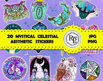 Vivid Mystical Celestial Aesthetic ONE (1) Stickers Sheet, PNG,JPF & Gift Box Template - Bundle Printable Stickers  (Read Description)