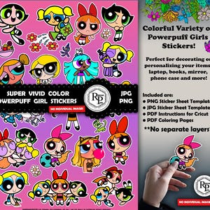 Super Bundle*** Super Colorful Powerpuff Girl ONE (1) Stickers Sheet, Print & Cut - PNG, JPF - Free Coloring Pages (See Info)