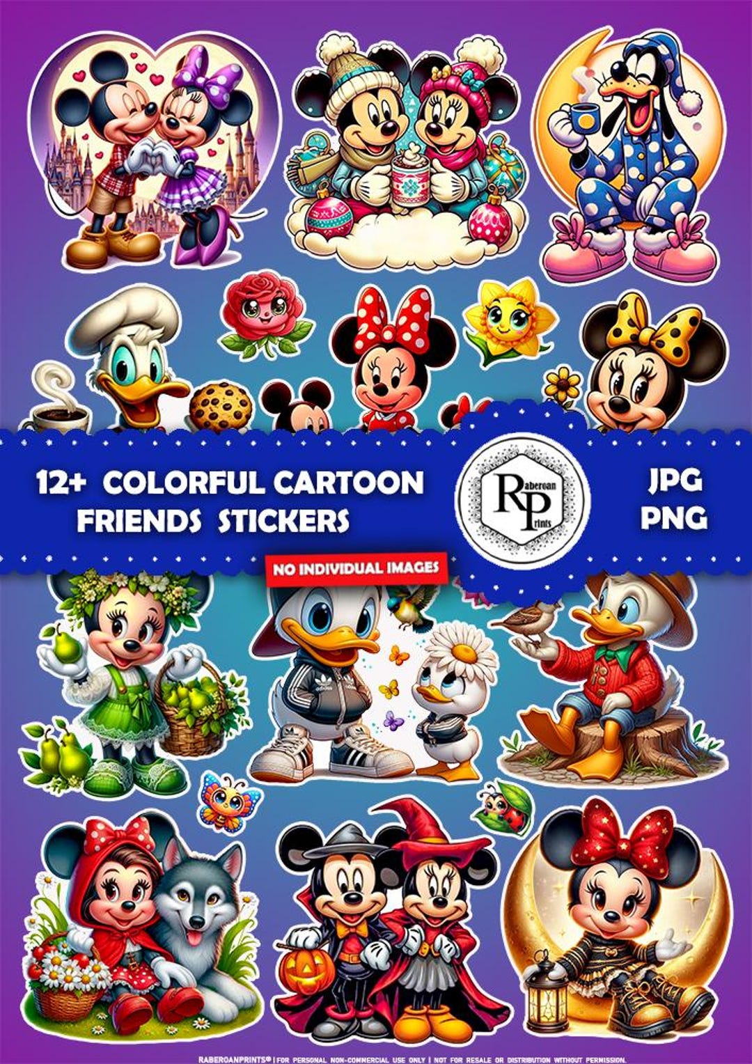 Cartoon Friends ONE Stickers Sheet -PNG, JPF + Bonus Coloring Pages and ...