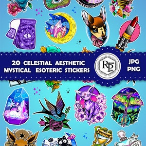 May include: Twenty celestial aesthetic mystical esoteric stickers featuring a variety of designs, including a crescent moon with crystals, a deer with a bow, a witch, a cat, a bird, a unicorn, a potion bottle, a crystal, a moth, an hourglass, and a lipstick. The stickers are on a light blue background.